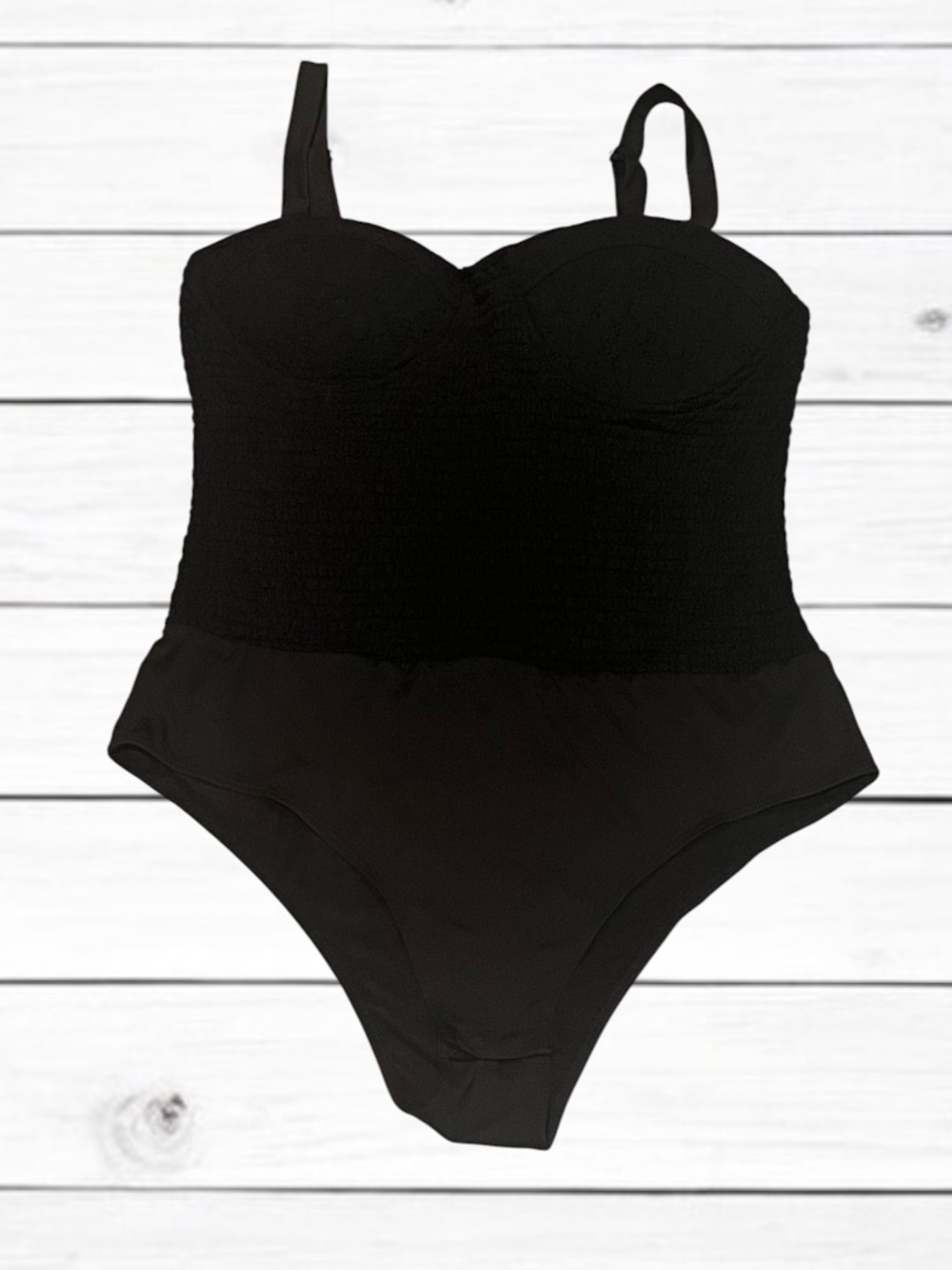 NEW White Birch Black Smocked Sweetheart Neckline Bodysuit, Snap Closure, XL